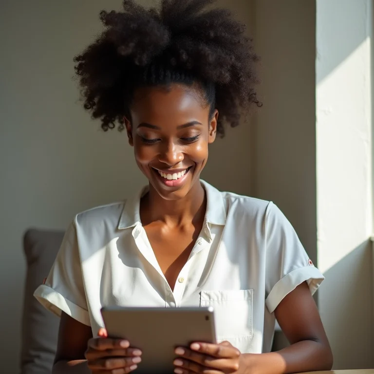Mulher sorrindo usando planner digital no tablet
