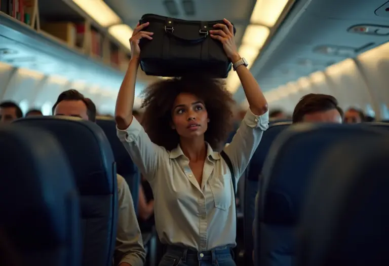 Mulher tentando colocar mala grande em compartimento de avião lotado