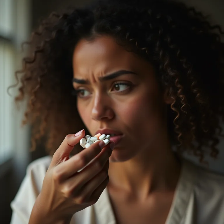 Mulher tomando vários remédios sem receita médica, parecendo estressada