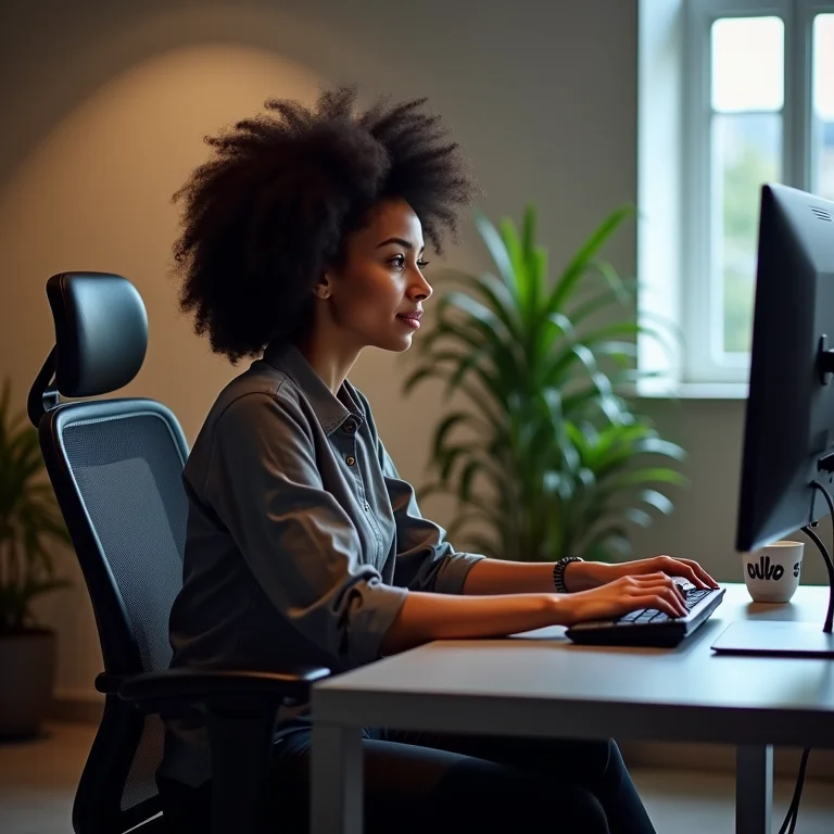 Mulher trabalhando em escrivaninha de aço com postura ergonômica.