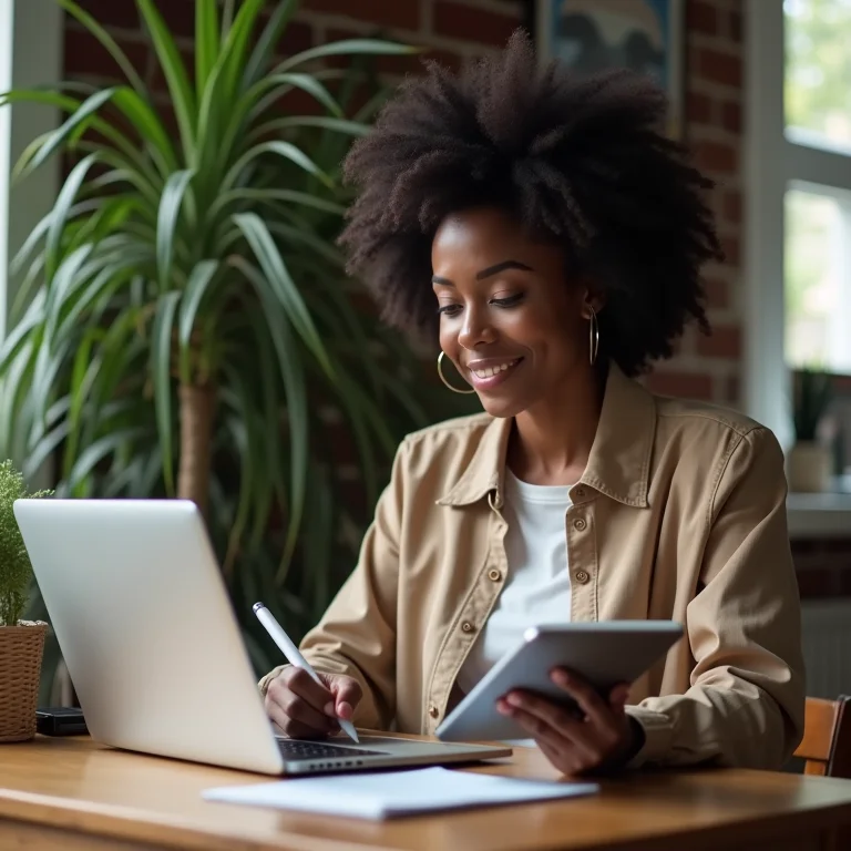 Mulher usando Evernote no laptop e tablet
