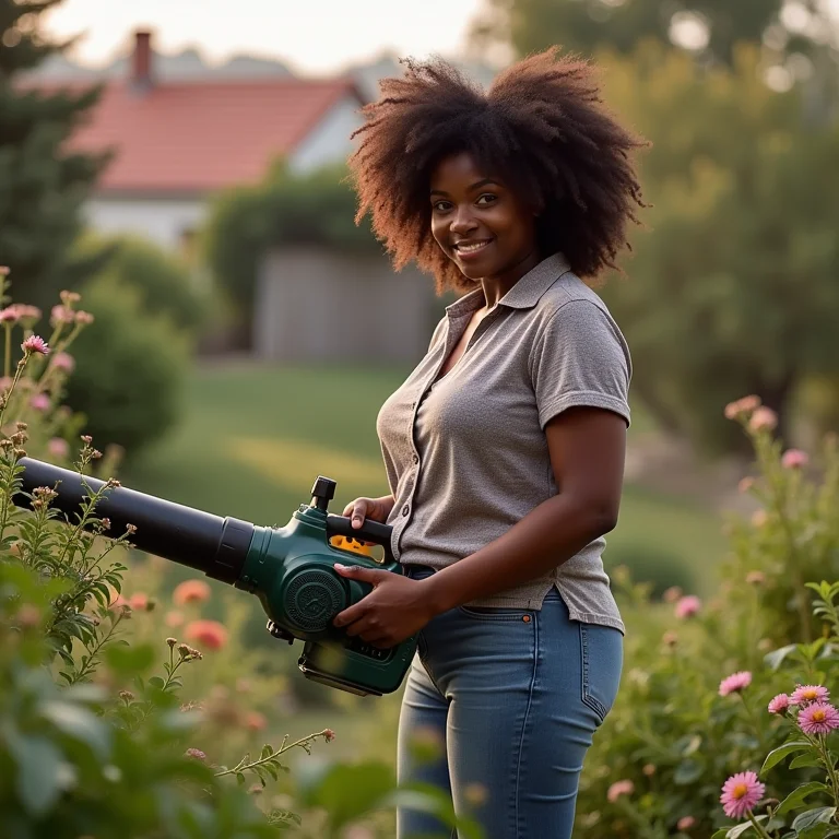 Mulher usando soprador de folhas ergonômico no jardim