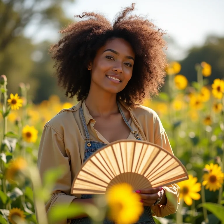 Mulher usando ventilador de pescoço enquanto cuida do jardim.