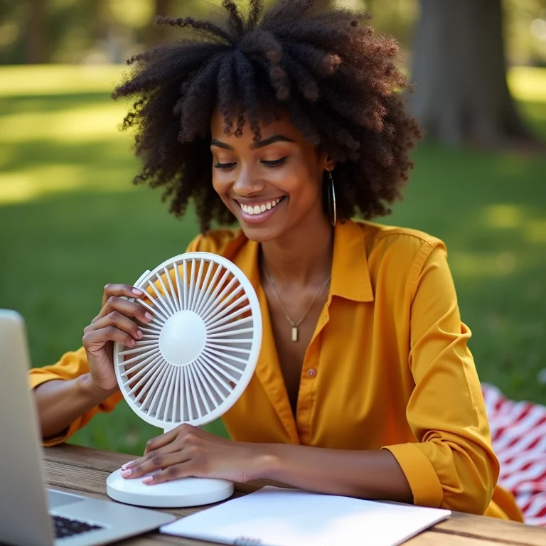 Mulher usando ventilador portátil em diferentes situações.