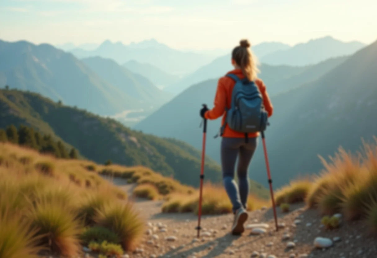 Mulher utilizando bastões de caminhada retráteis em trilha segura