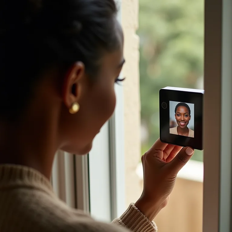 Mulher visualizando visitante na tela do olho mágico digital