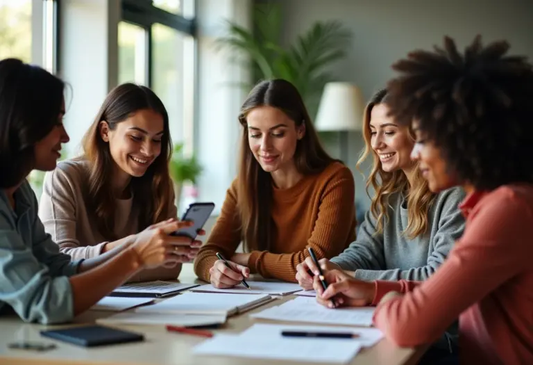 Mulheres diversas planejando lançamento de infoproduto