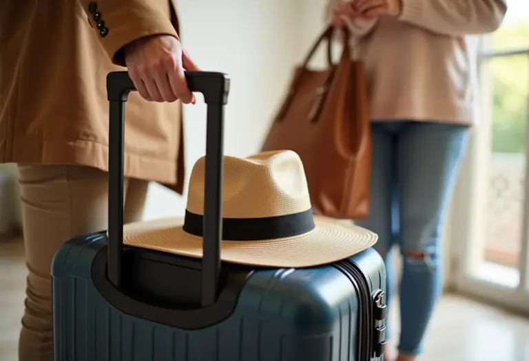 Mulheres diversas preparando mala de viagem com porta bonés estiloso.