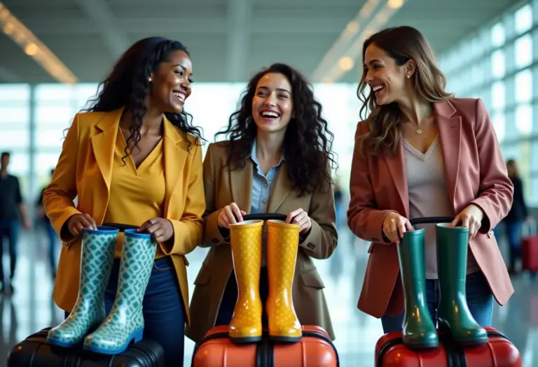 Mulheres diversas retirando galochas coloridas de malas em aeroporto