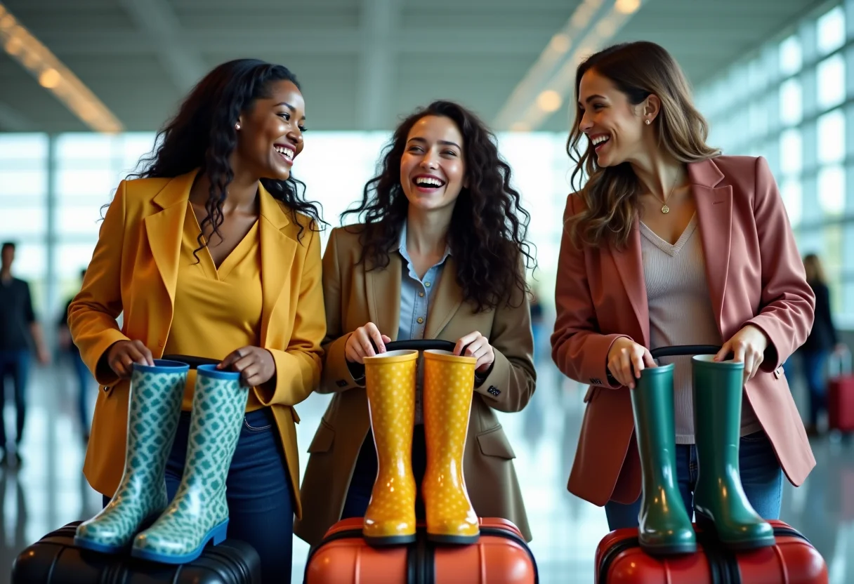 Mulheres diversas retirando galochas coloridas de malas em aeroporto