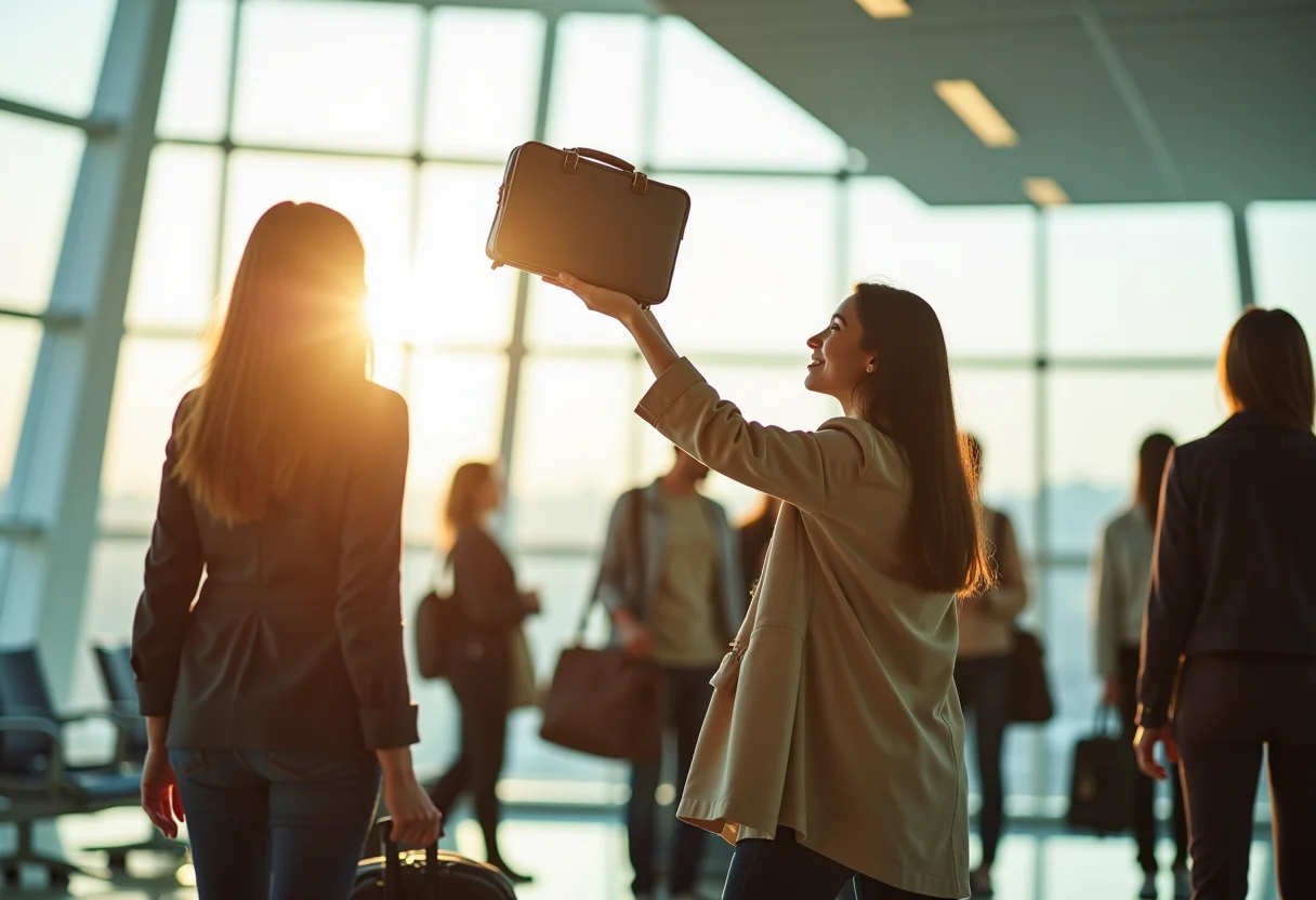 Mulheres diversas viajando de avião com mala de mão