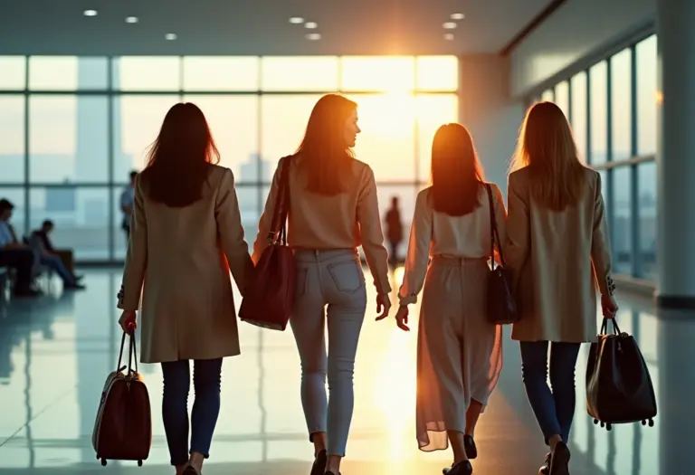 Mulheres diversas viajando em aeroporto com suas bolsas pessoais
