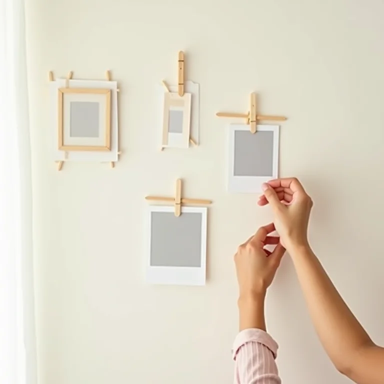 Mural de fotos decorado com porta-retratos de palitos de picolé.