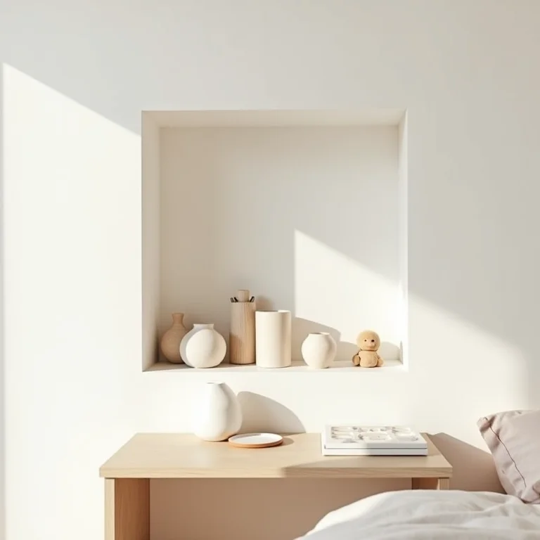 Nichos substituindo o criado mudo em um quarto de bebê.