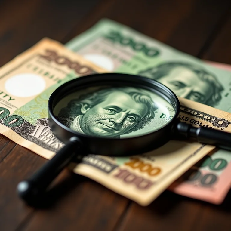 Notas de moedas estrangeiras com uma lupa em cima.