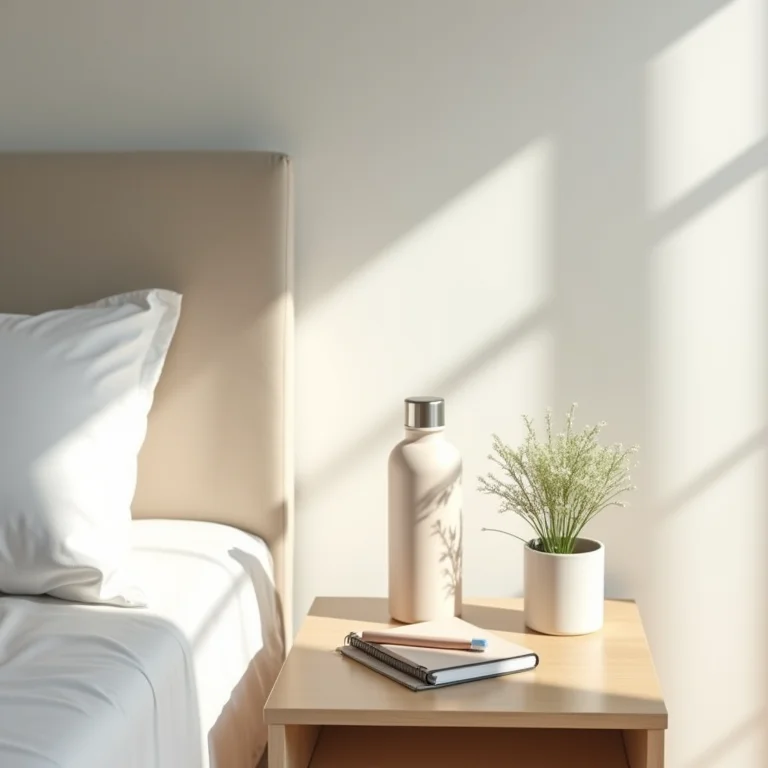 Objetos representando micro-hábitos em mesa de cabeceira