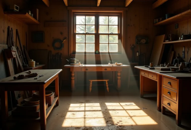 Oficina iluminada com móveis antigos sendo restaurados