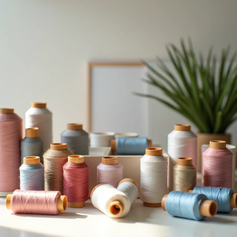 Organização com estilo de materiais de costura, linhas e recipientes etiquetados.