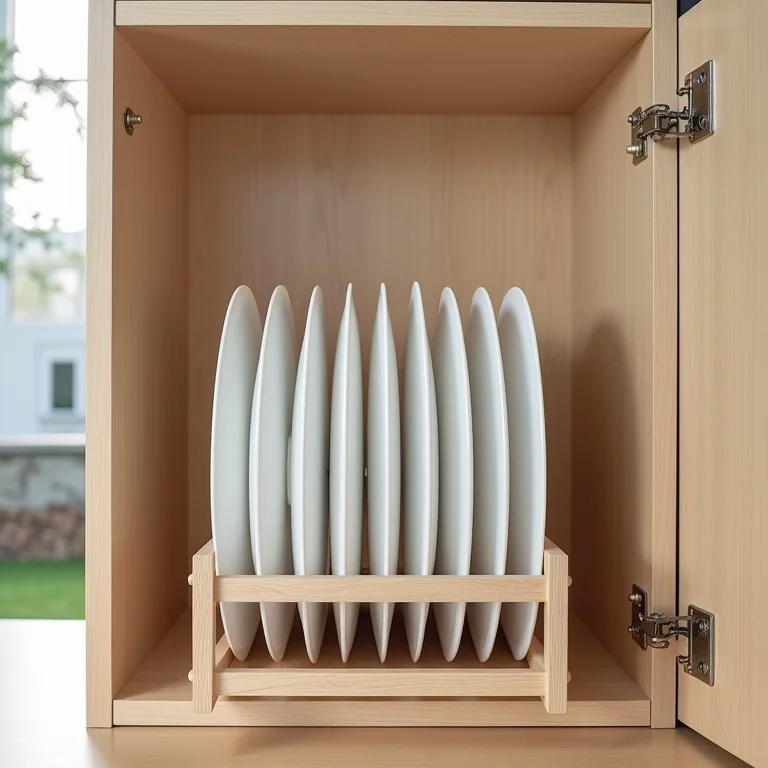 Organização de armário com organizador de pratos vertical.