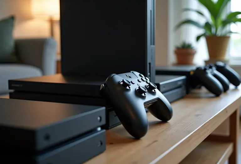 Organização de consoles e controles de videogame em estante clean