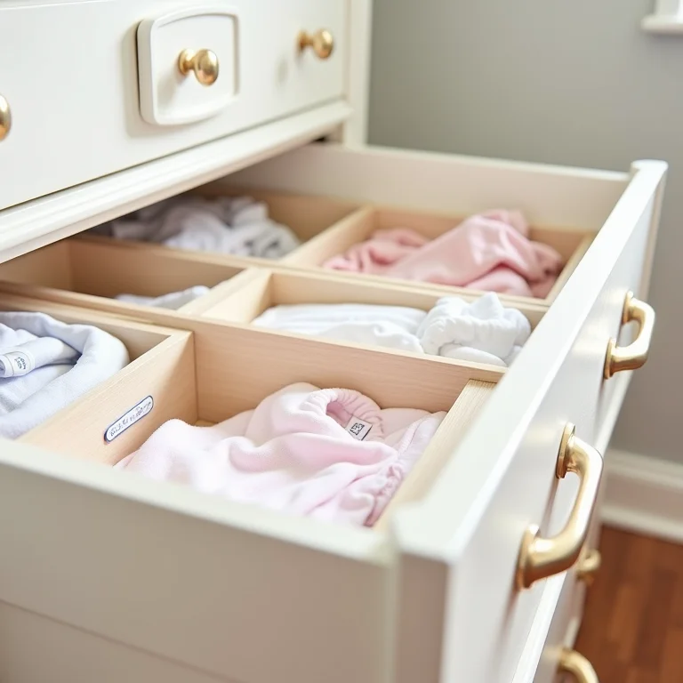 Organização de gaveta de bebê com divisórias e etiquetas