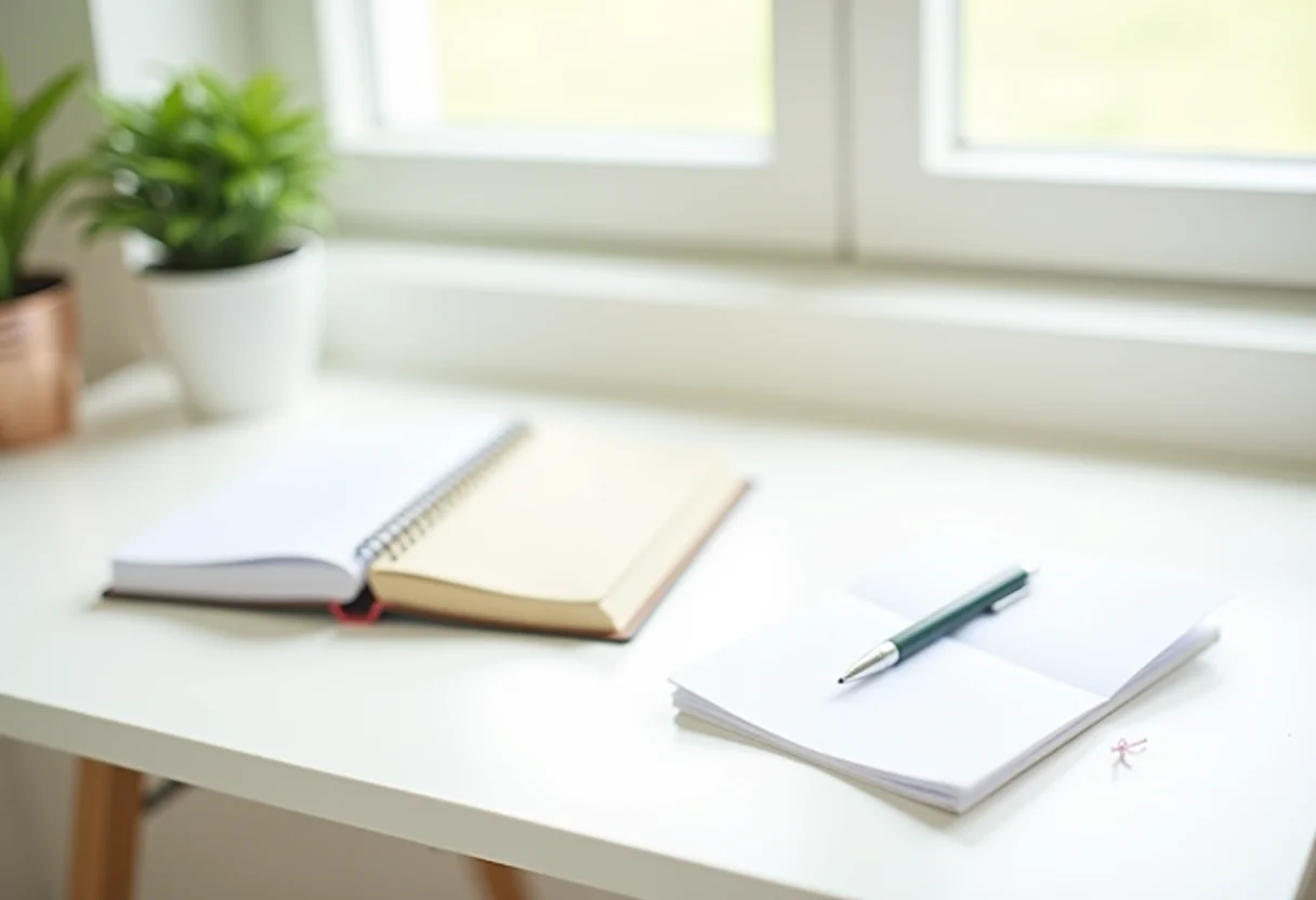 Organização de materiais de escritório em mesa minimalista