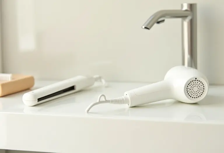 Organização elegante de secador e chapinha em banheiro minimalista