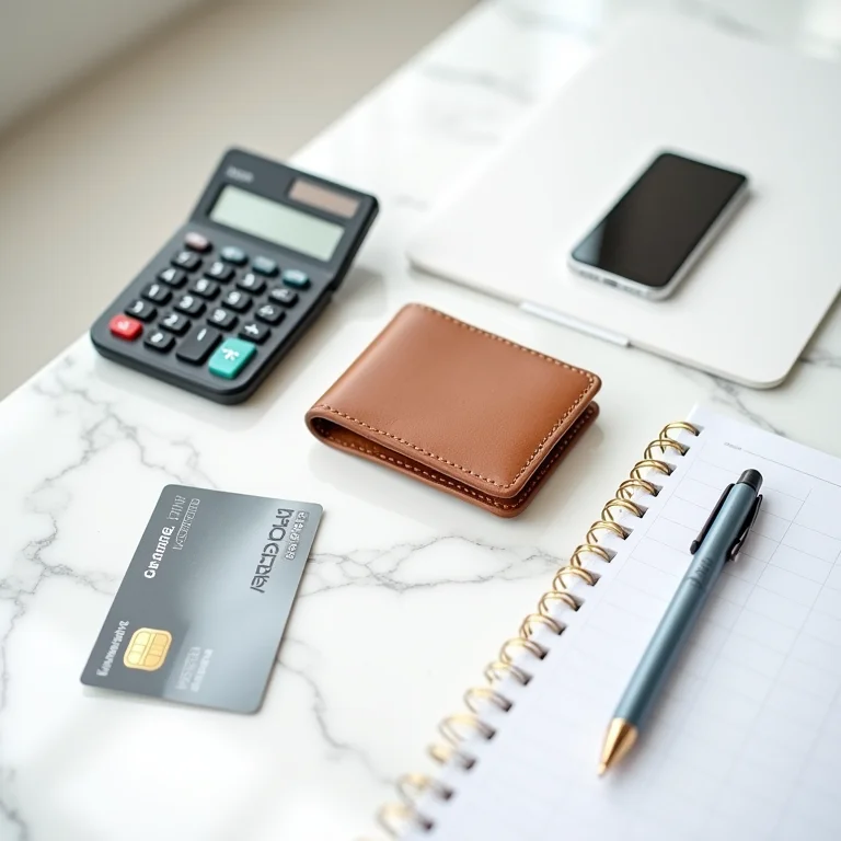 Organização financeira com carteira, calculadora e planejador
