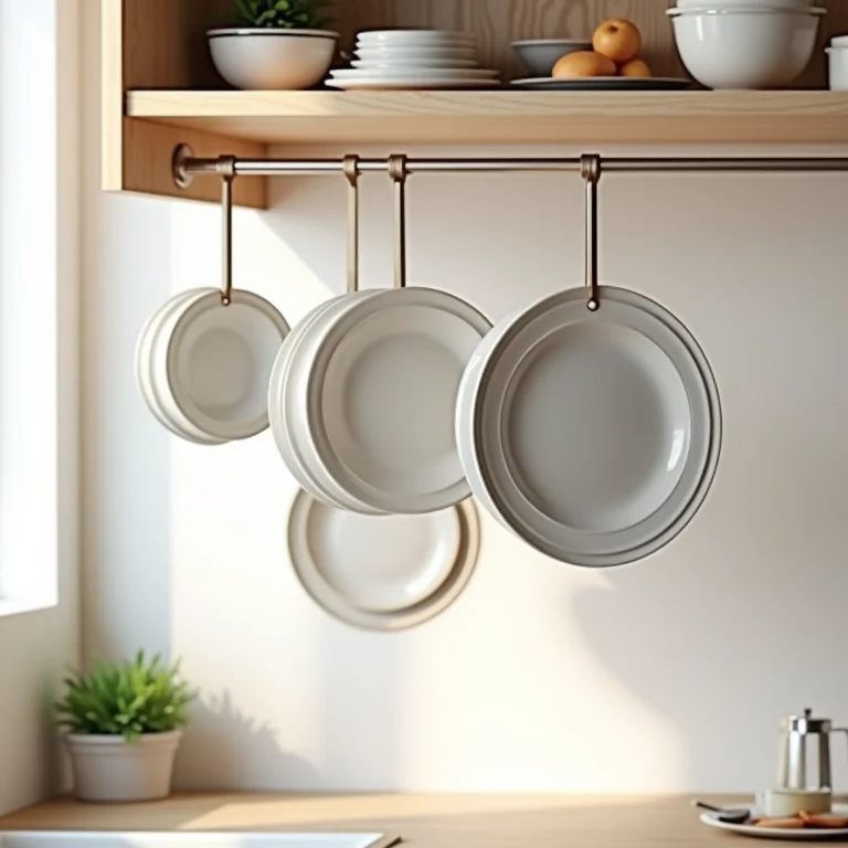 Organizador de pratos suspenso na cozinha.