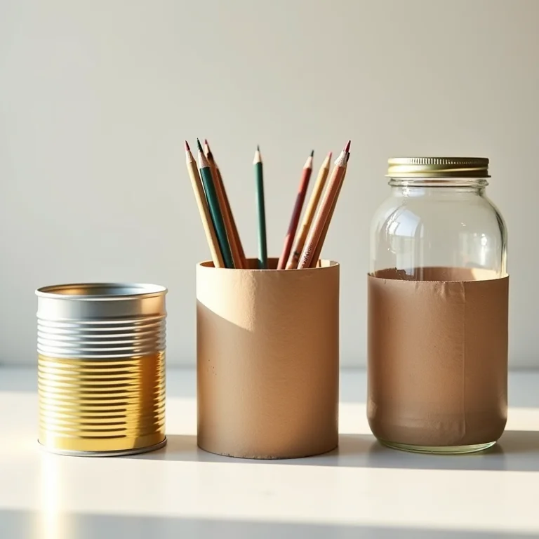 Organizadores de papelaria DIY feitos com materiais reciclados.