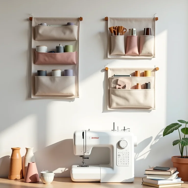 Organizadores de parede com bolsos de tecido para ferramentas de costura.