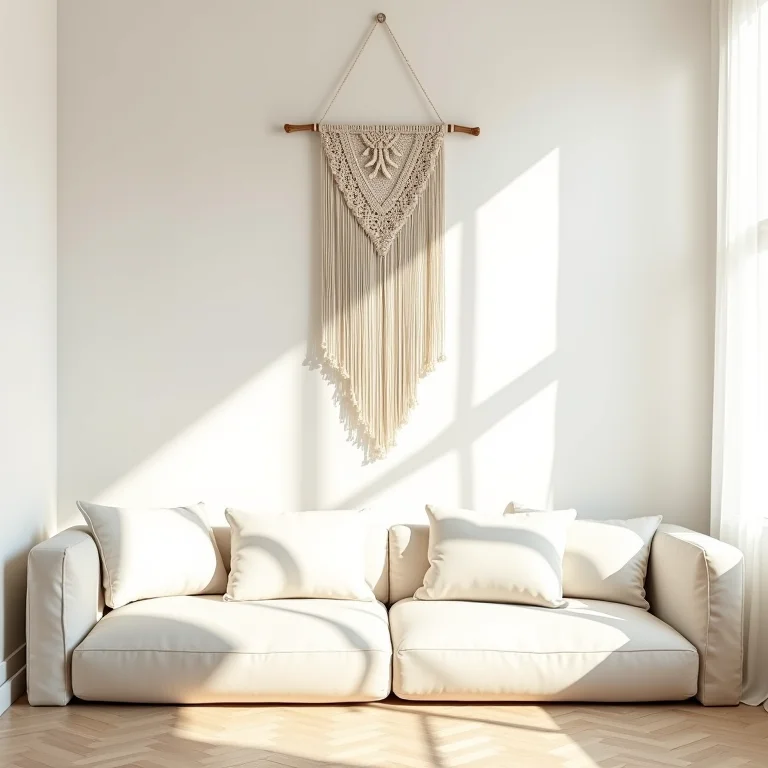 Painel de macramê em uma sala minimalista