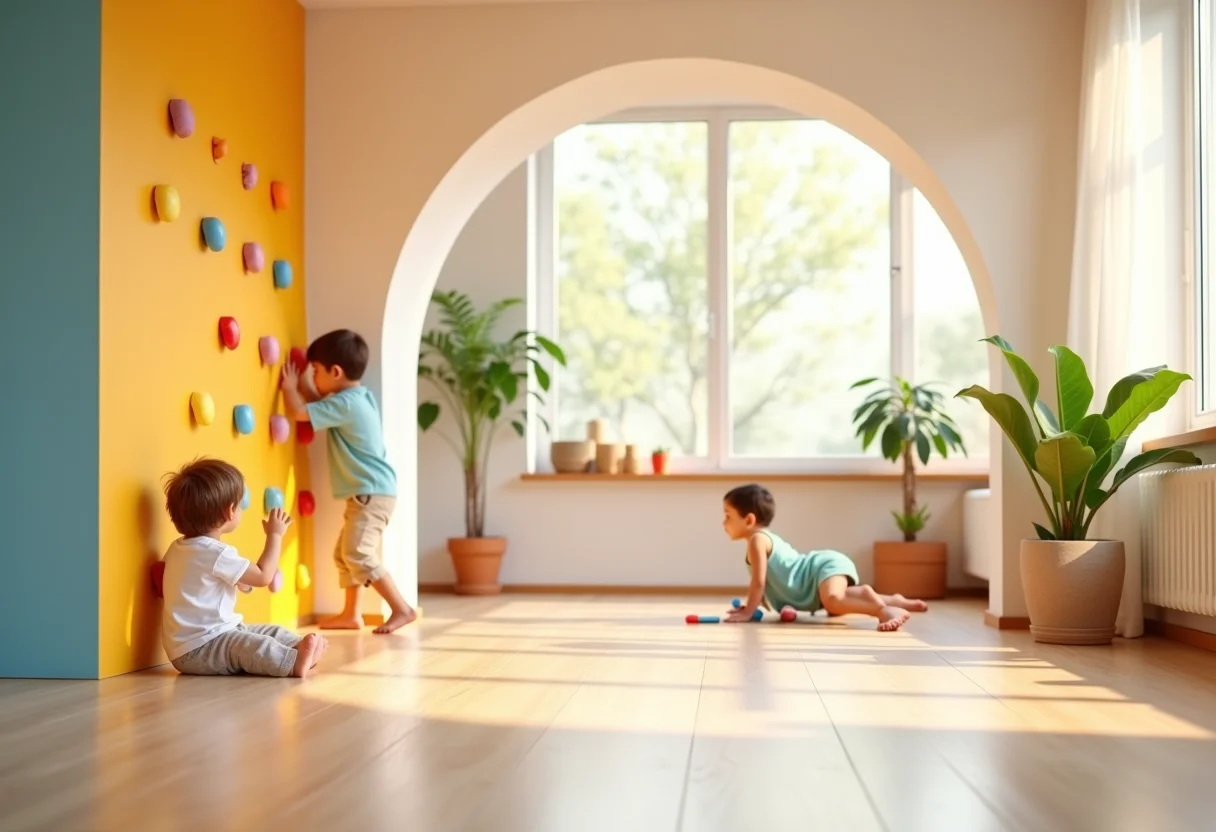 Parede de escalada infantil em um quarto de brinquedos iluminado