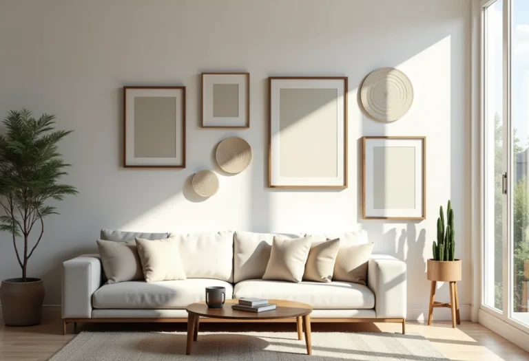 Parede de sala decorada com quadros e elementos decorativos