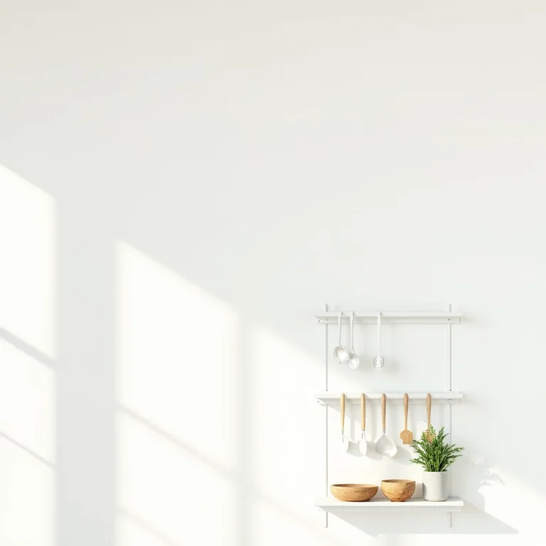 Paredes da cozinha otimizadas com prateleiras e utensílios pendurados