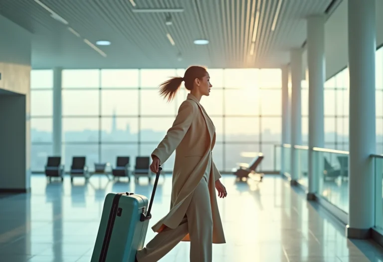 Passageira caminhando no aeroporto com mala e bolsa pessoal.