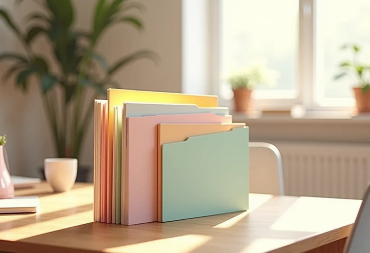 Pasta sanfonada com documentos organizados em escritório de casa