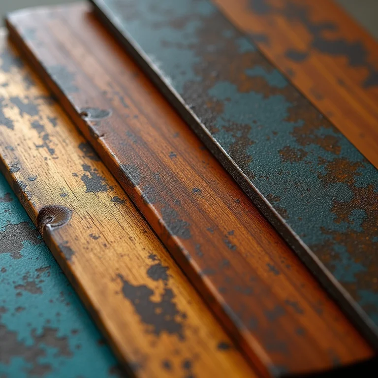 Pátina aplicada em diferentes materiais: madeira, metal e cerâmica.