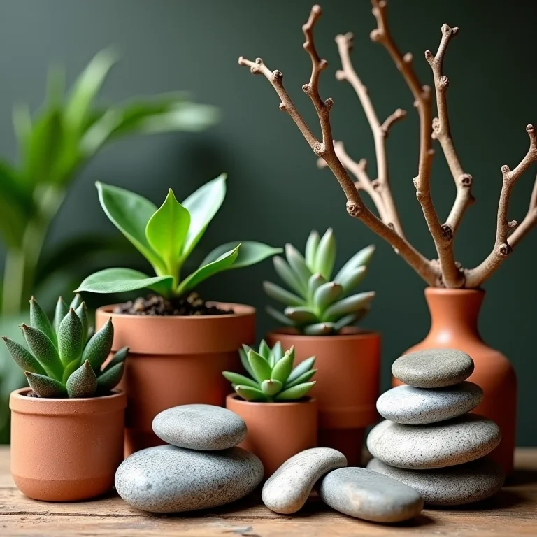 Pedras, plantas e galhos secos para uma decoração rústica e natural.