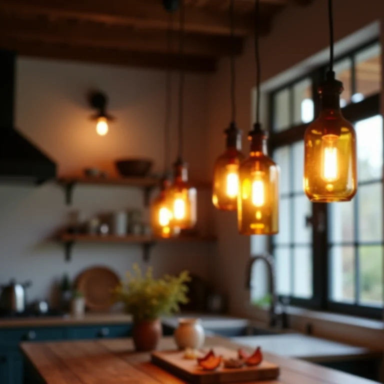Pendentes rústicos criados com garrafas de vinho em cozinha aconchegante