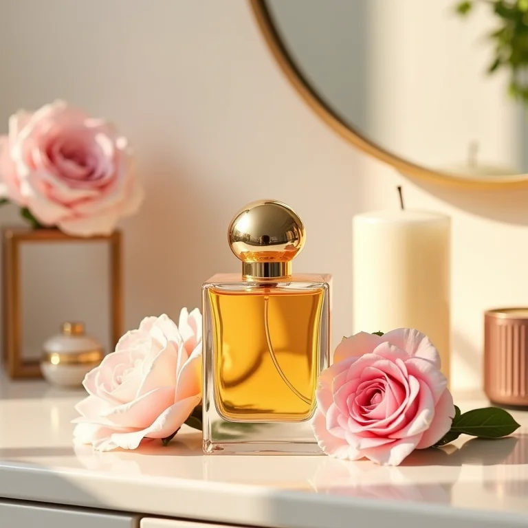 Penteadeira com perfumes, flores e velas