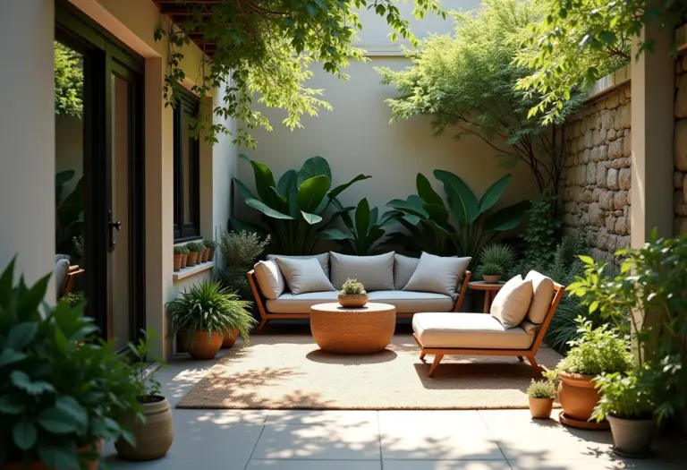 Pequeno quintal decorado com móveis confortáveis e iluminação suave.