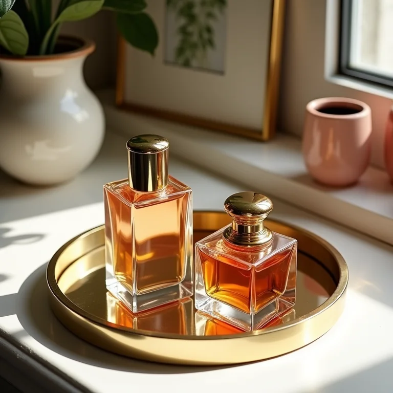 Perfumes em uma bandeja espelhada com detalhes dourados