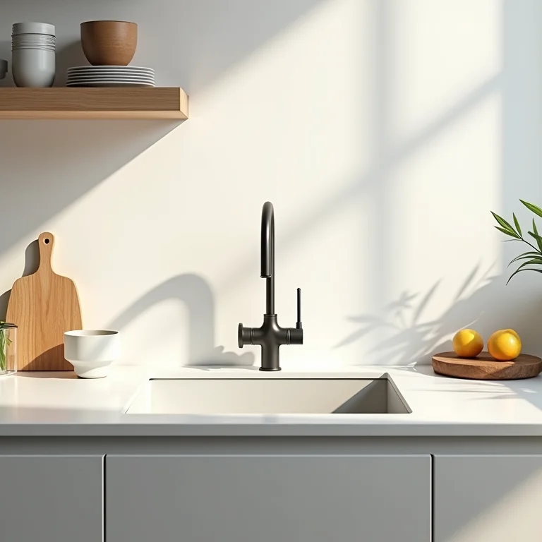 Pia e bancada de cozinha limpas e organizadas