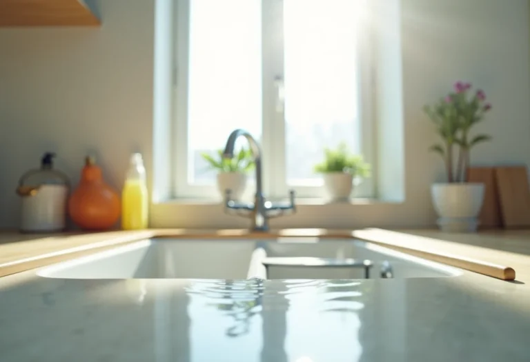 Pia entupida com água transbordando e produtos de limpeza ao redor