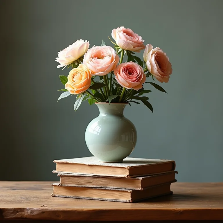 Pilhas de livros como base para vaso de flores