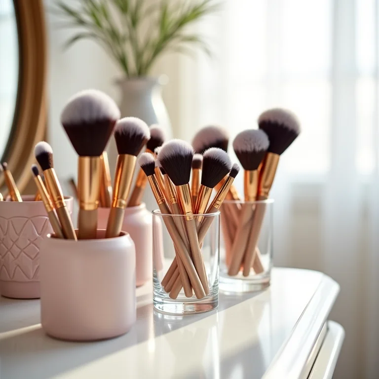 Pincéis de maquiagem organizados em copos e potes de vidro