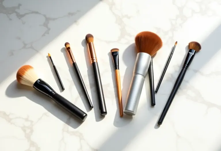 Pincéis de maquiagem organizados em fundo de mármore branco