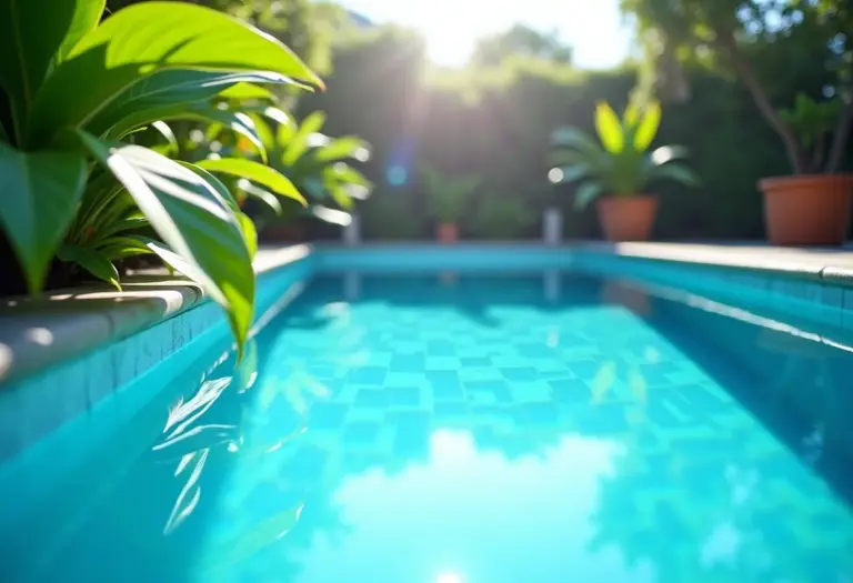 Piscina azul impecável com água cristalina e plantas ao redor