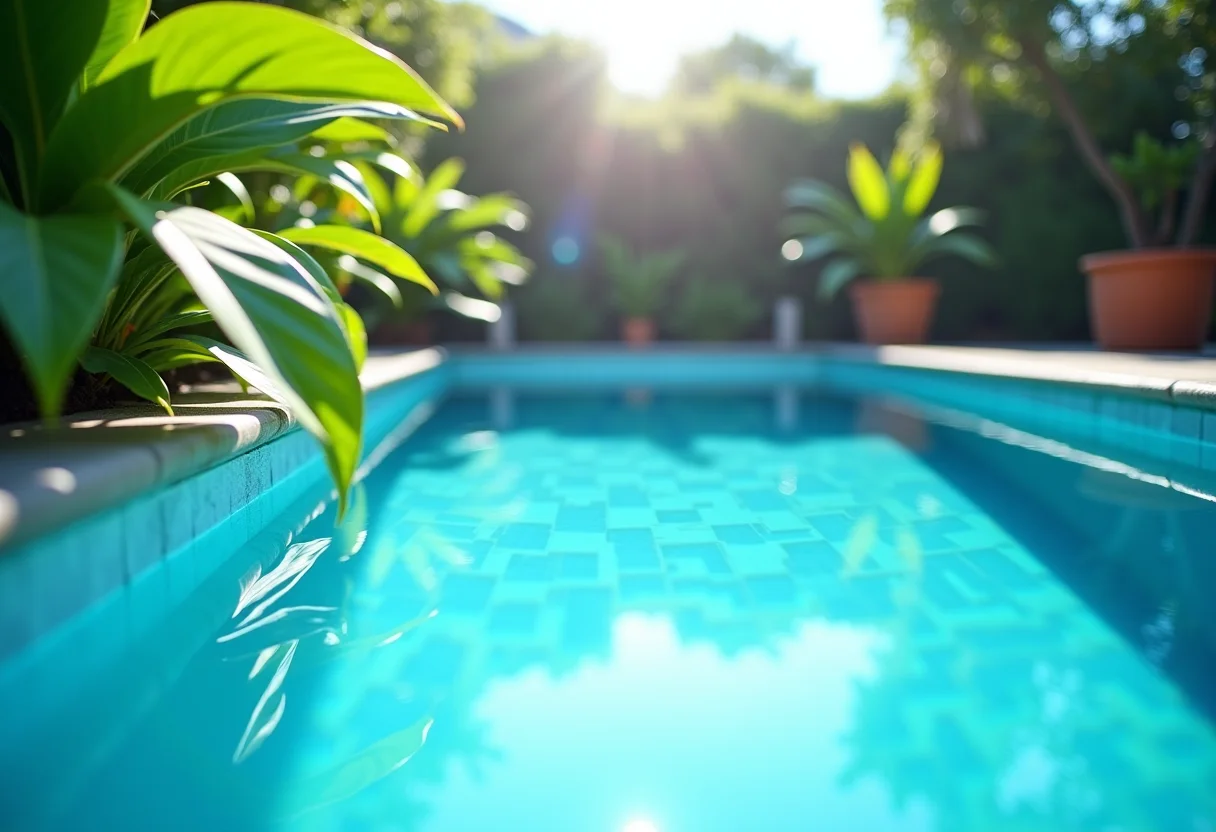 Piscina azul impecável com água cristalina e plantas ao redor